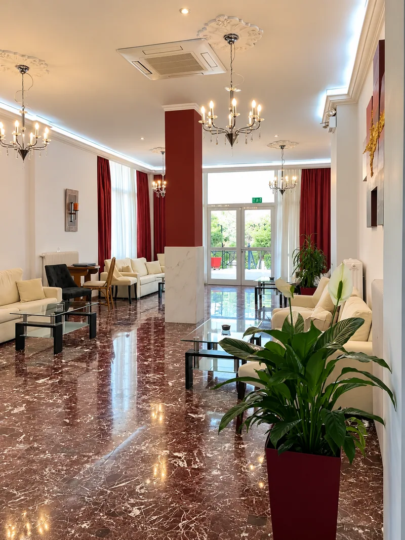 Lobi sa mermernim podom, lusterima i sedećim delom · Hotel Bakos, Lutraki