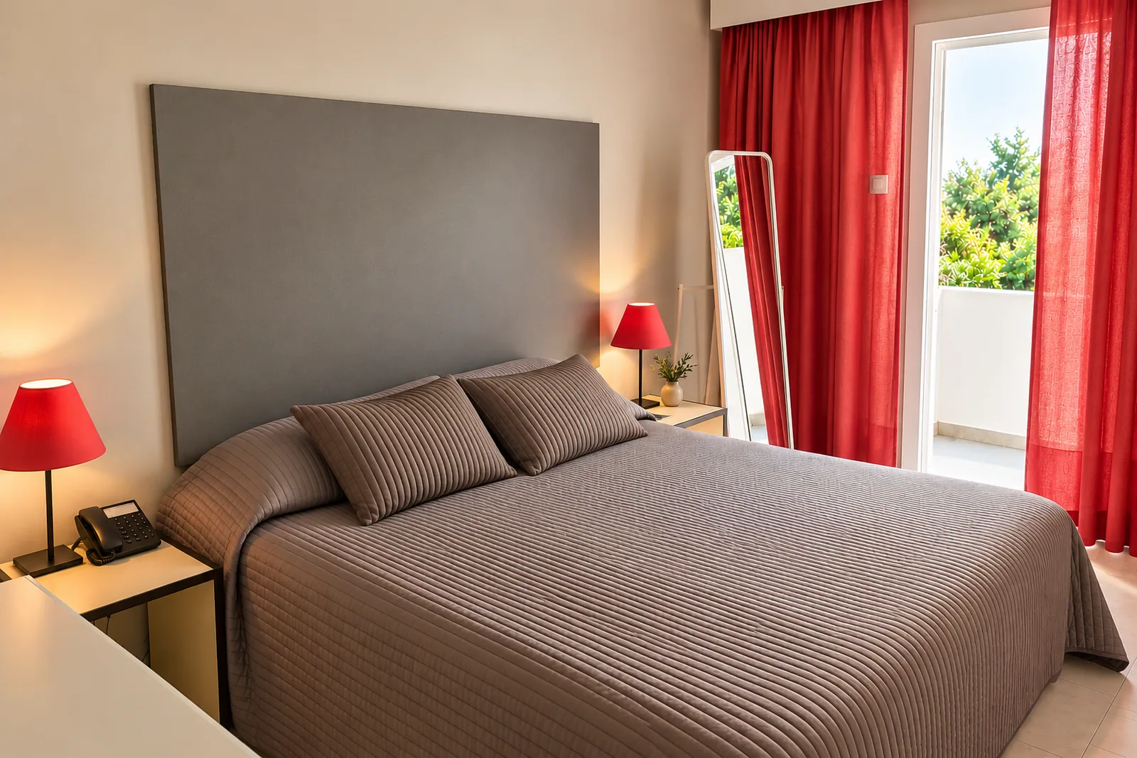 Soba sa bračnim krevetom, crvenim lampama i zavesama · Hotel Marko, Lutraki