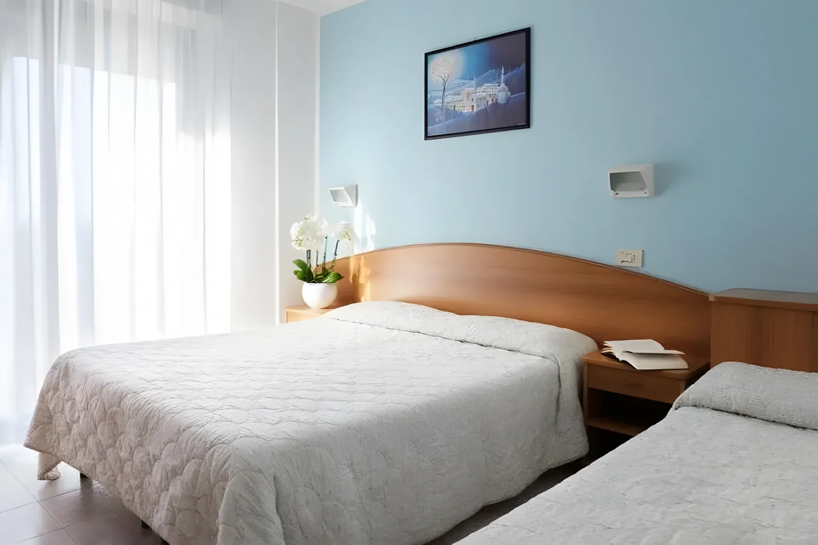 Dva kreveta sa drvenim uzglavljima u svetloplavoj sobi sa biljkama · Hotel Emilia, Torre Pedrera