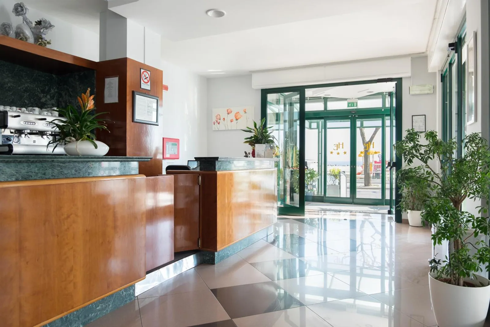Recepcija sa drvenim pultom i biljkama · Hotel Emilia, Torre Pedrera