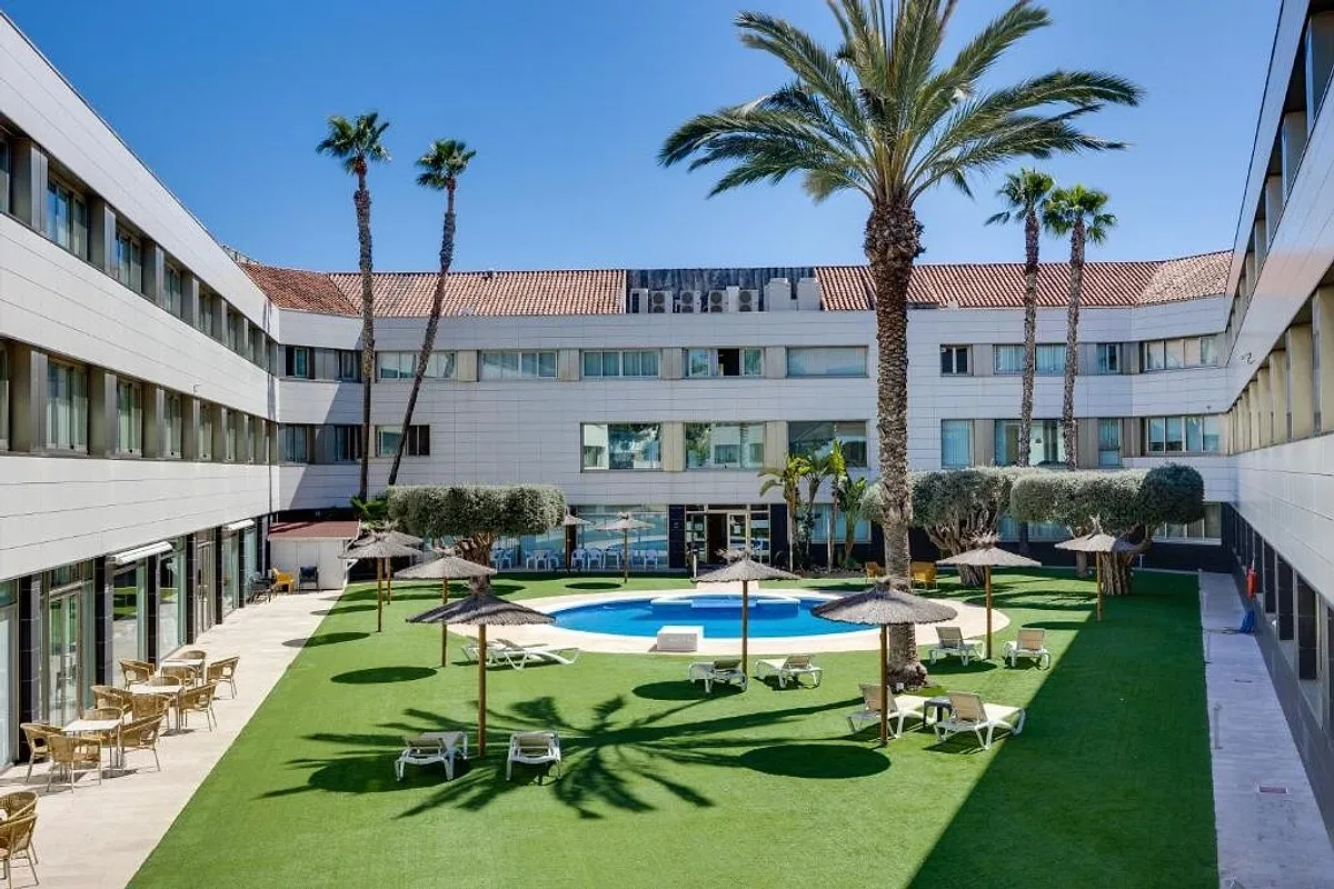 Hotel courtyard with a pool, palm trees and parasols · Hotel Daniya Alicante, Alicante
